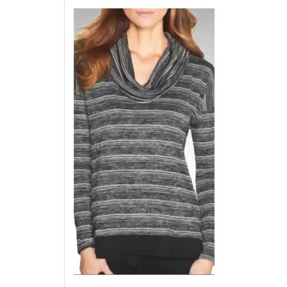 WHBM‎ Long Sleeve Black White Striped Cowl Neck Lace Hem Knit Top Size M